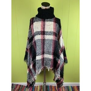 Lu NYC One Size Plaid Poncho Shawl Textured Knit White/Pink/Black Fringe Hem NWT